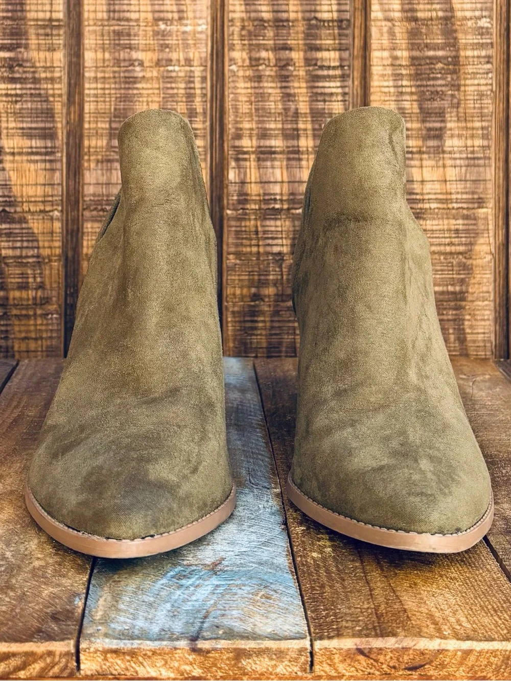 Sun + Stone Olive Green Suede Ankle Boots